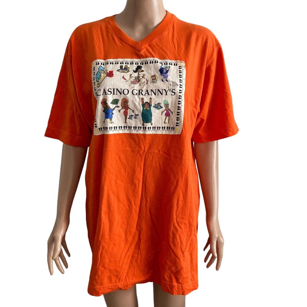 vintage 80s milo casino granny tee shirt xxl orange graphic las vegas vtg